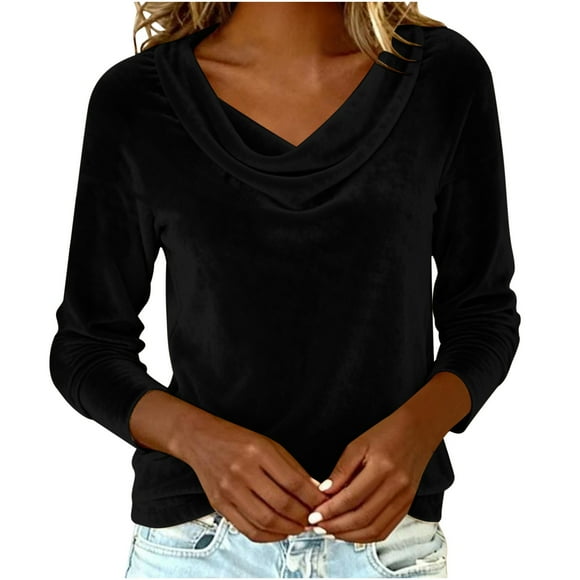 FAIWAD Velvet Top for Women Cowl Neck Long Sleeve Vintage Shirts Dressy Casual Wedding Guest Blouses