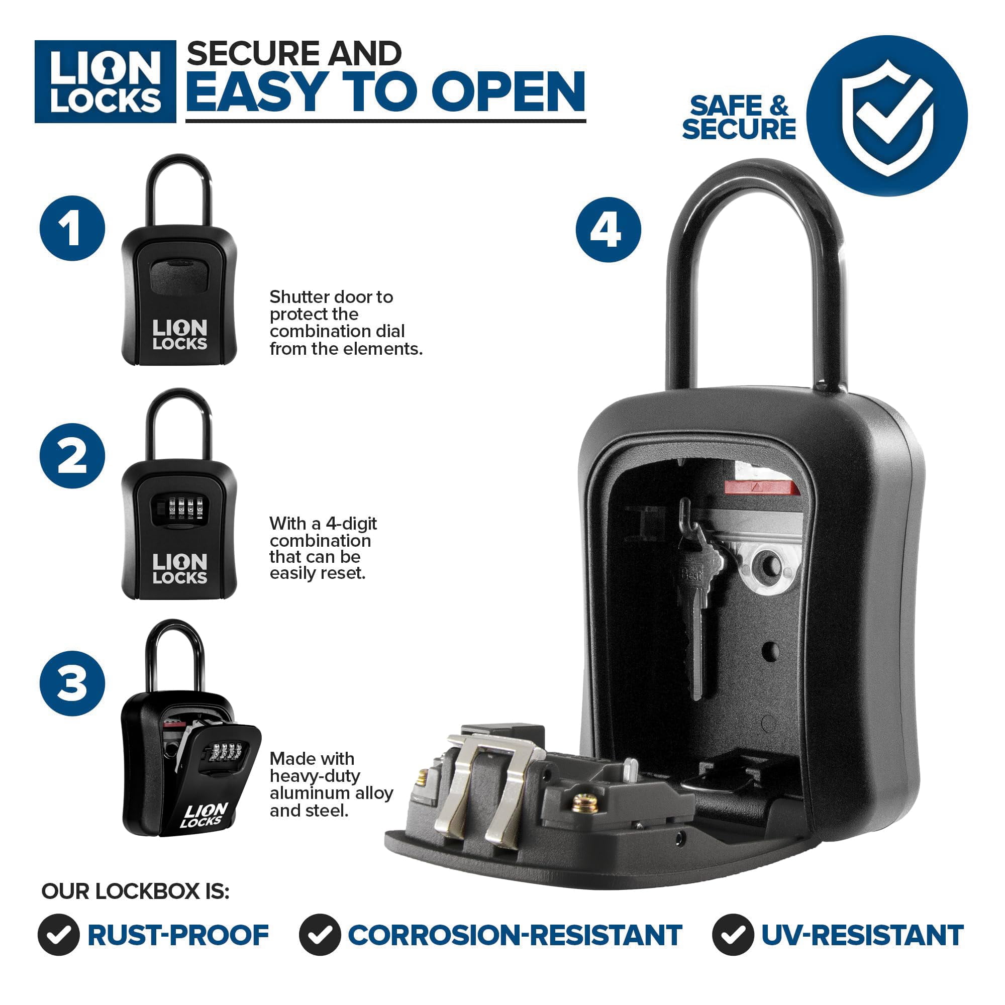 Lion Locks Key Lock Box - 6 Pack, Small Lock Box with Custom Code, Outdoor Key Safe, Hide-a-Key Lock Box for Real Estate, Airbnb, Construction, Black