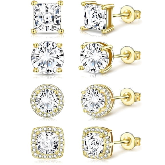4 Pairs 18K White Gold Plated Halo Stud Earrings for Women Men CZ Hypoallergenic Post S925 Sterling Silver Earrings Set Birthday Christmas Jewelry Gifts Mom Boyfriend Adults Stocking Stuffers