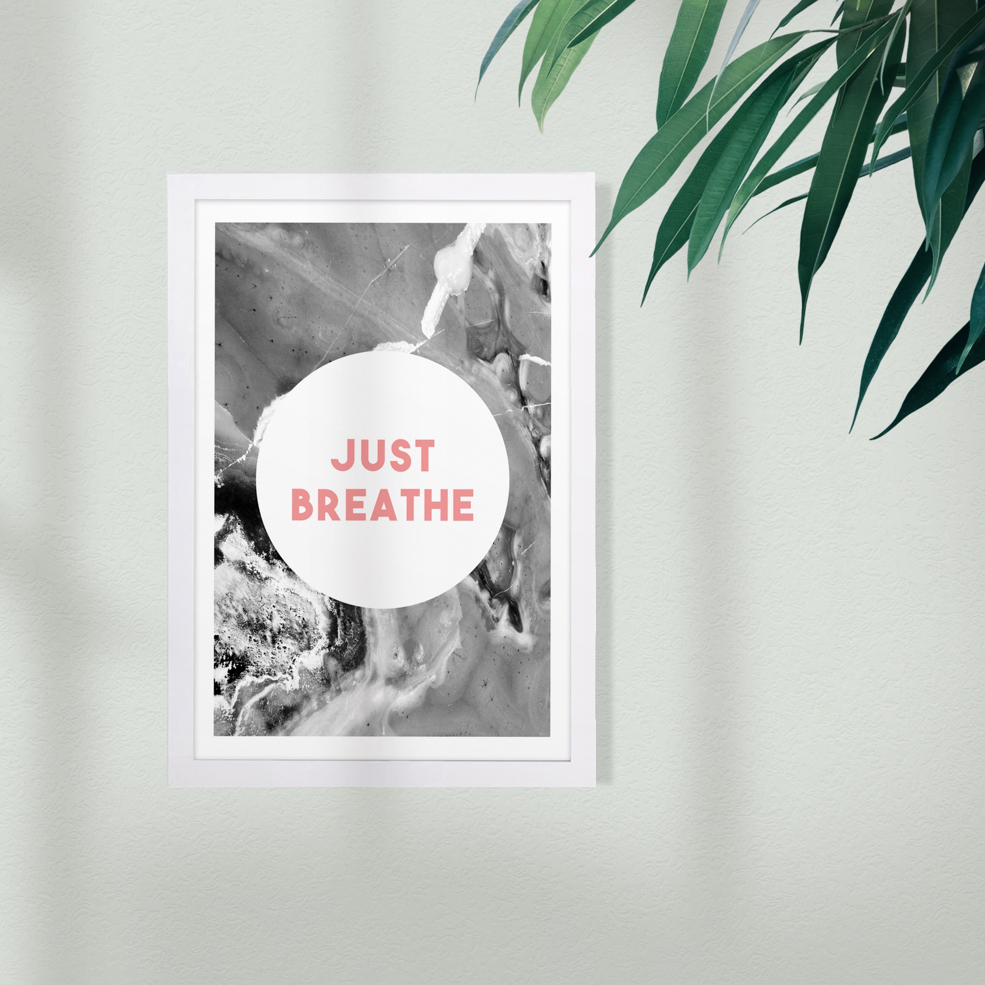 'Just Breathe Marble' Motivational Quotes and Sayings 13" x 1.00" Framed Painting Art Print, by Wynwood Studio