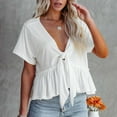 thumbnail image 2 of Women's Plus Size V Neck Short Sleeve Blouse Ruffle Hem Tie Front Crop Top Lightweight Summer Casual Tunic Shirt, 2 of 5