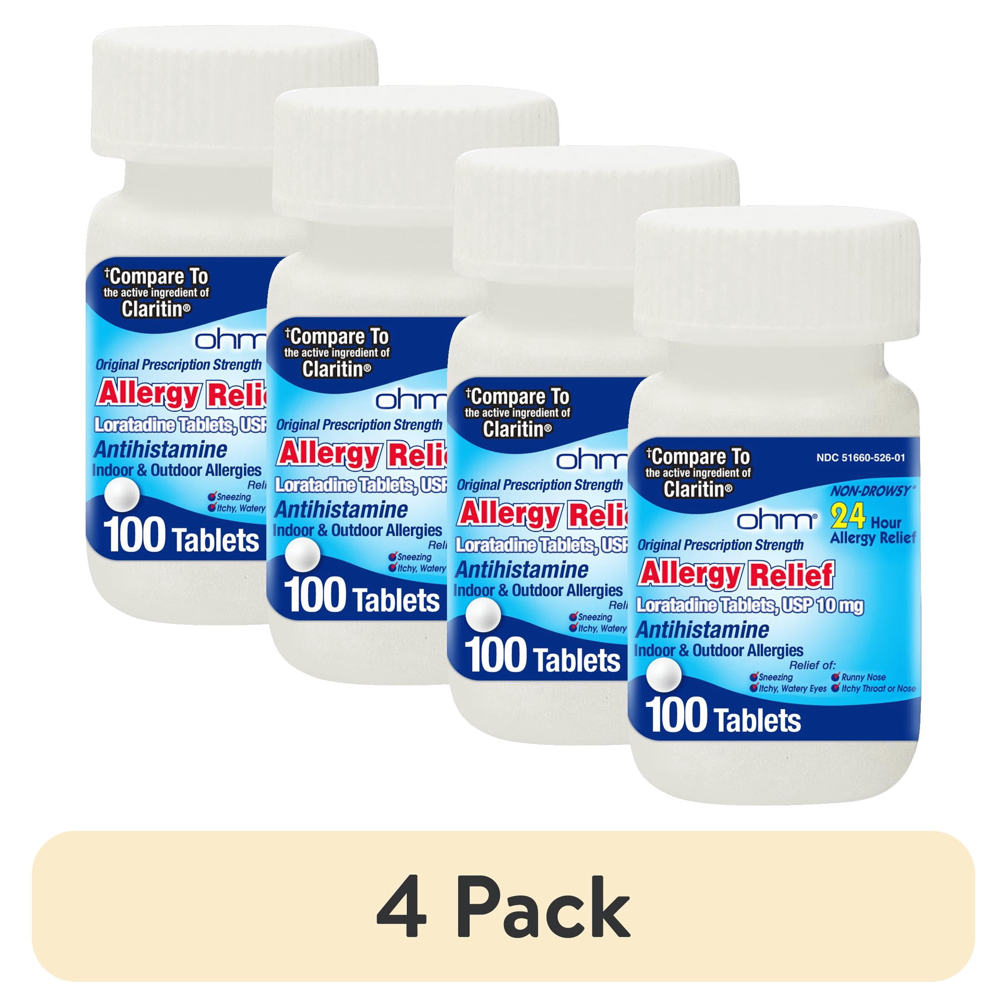 (4 pack) Ohm Loratadine Allergy Relief Tablets, 10 mg Antihistamine, Non-Drowsy 24-Hour Relief for Sneezing & Seasonal Allergies, 100 Count