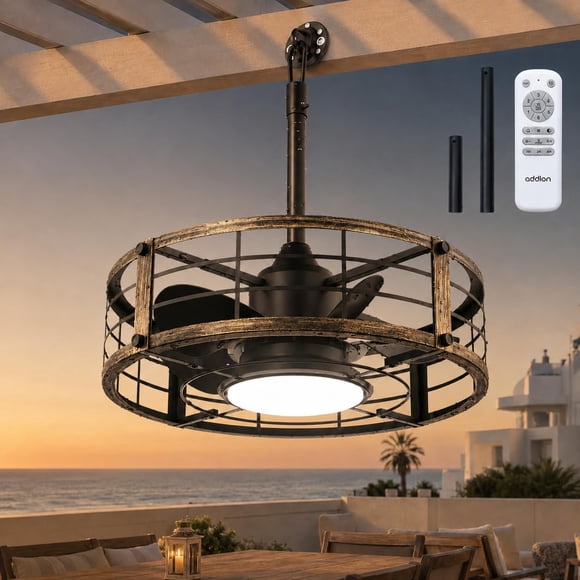 Ventilador de techo exterior Addlon de 20" con luz integrada, diseño vintage con jaula, IP65 y control remoto