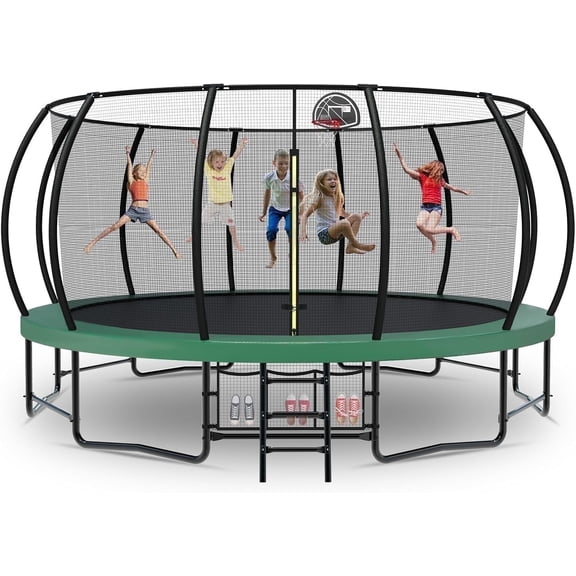 JOYFULIN Trampoline, 16FT Trampoline for 4-5 Adults or 7-8 Kids, 1500LBS Trampoline with Enclosure, Basketball Hoop, Shoes Bags, Galvanized Full Spray Outdoor Recreational Round Trampolines