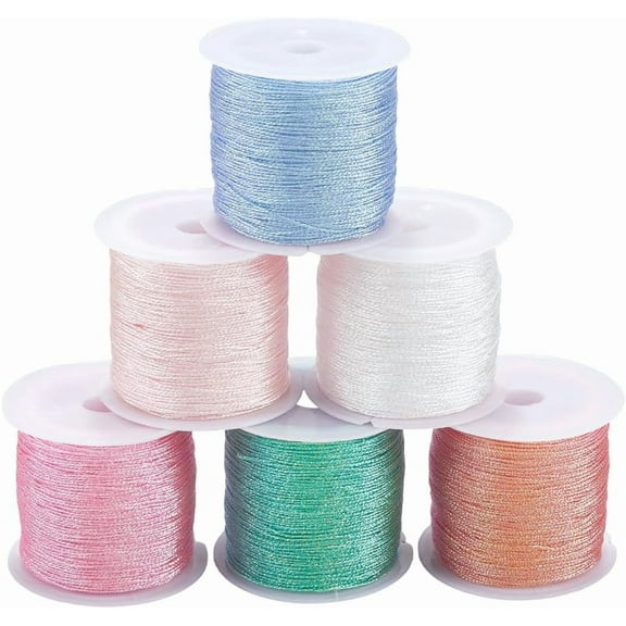 6 Rolls 328 Yards 0.4MM Metallic Multicolor Cord Rope Embroidery Thread Shimmer Coloful Christmas Thread Polyester Tinsel Glitter String Bulk for Sewing Making Crafts Bracelet Beading DIY
