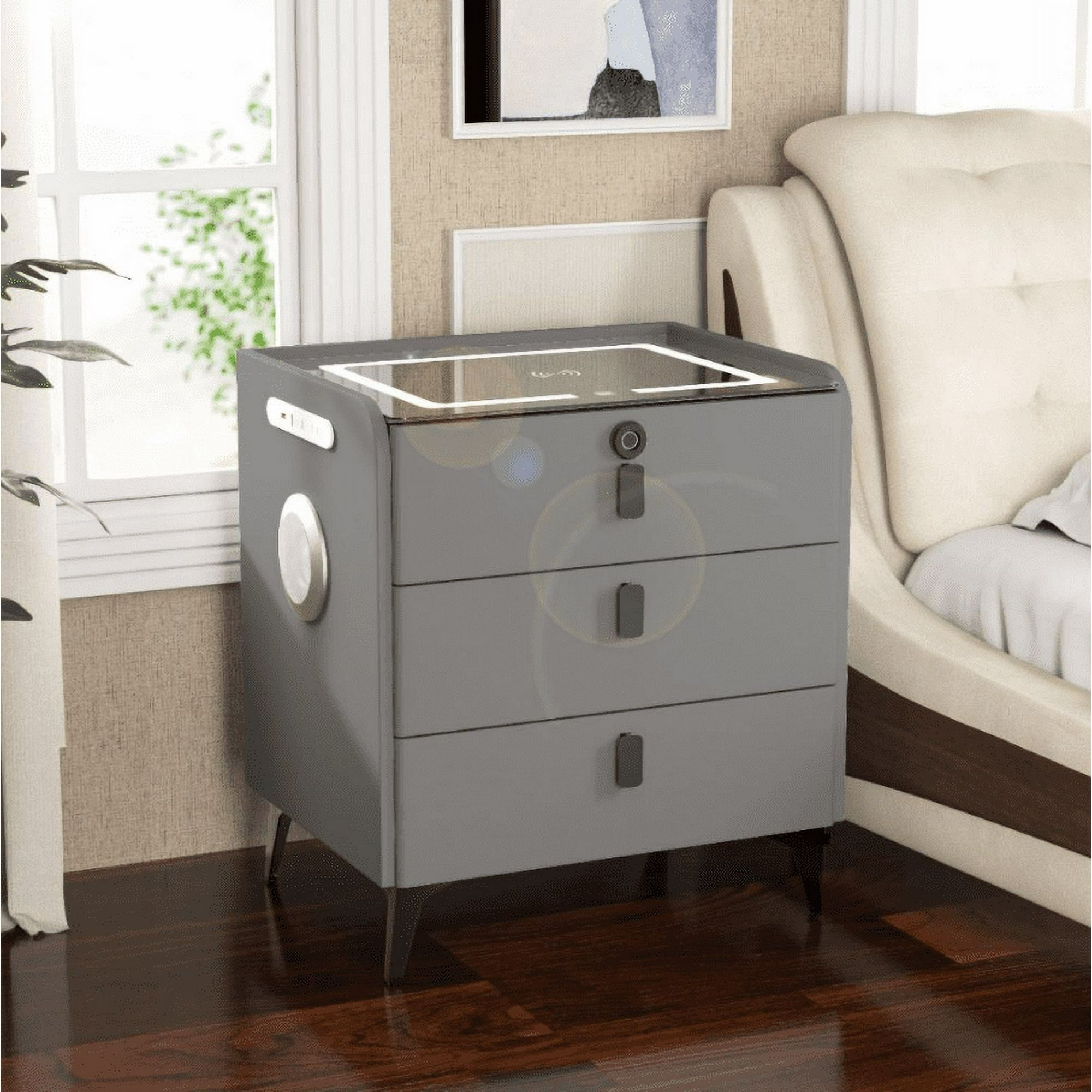 FINE MAKER Modern End Side Table wth Mood Lights & 3 Drawers Bedside Table with Charging Station