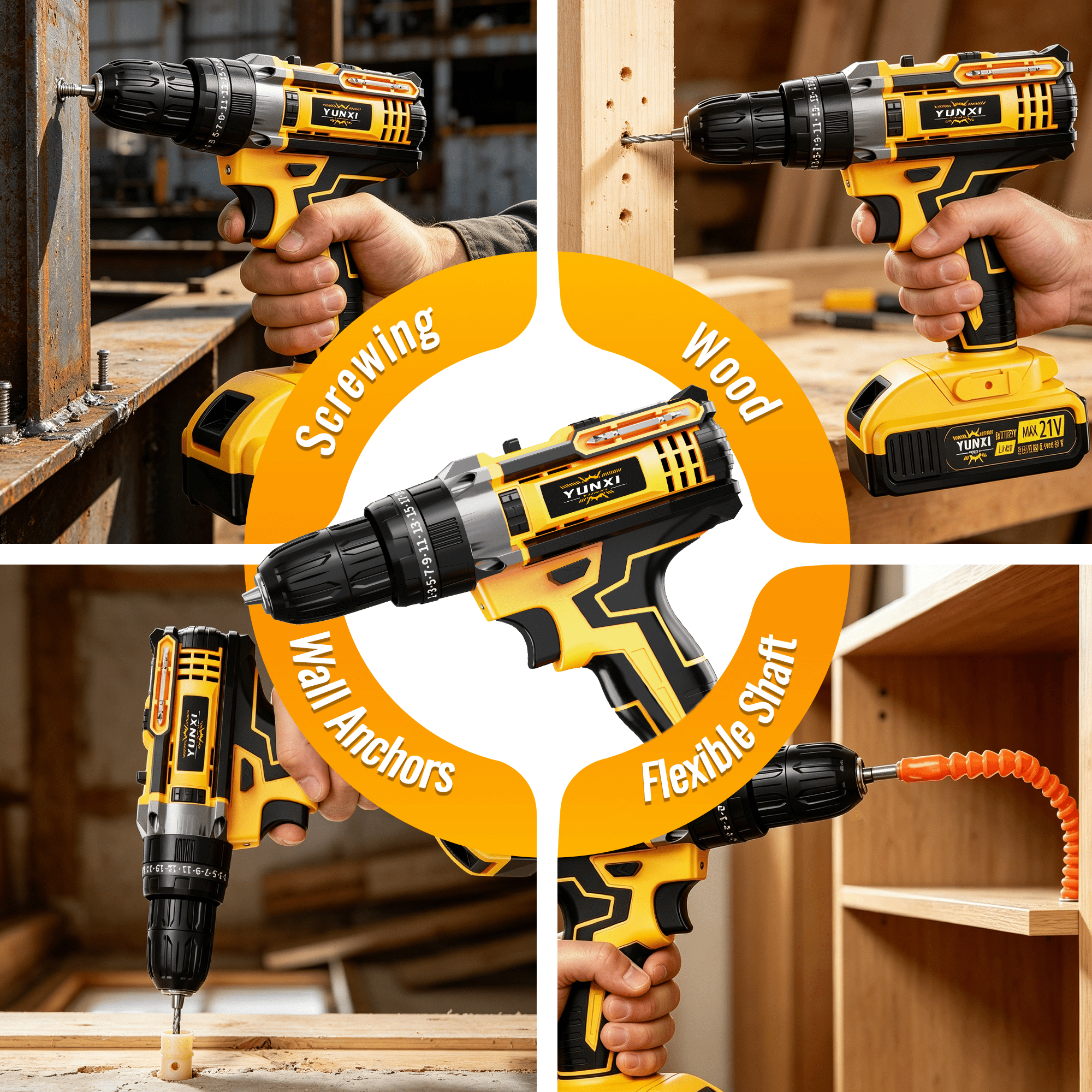 YUNXI 21V Cordless Drill Driver Kit, Power Electric Drill Set with 1 Rechargeable Lithium Batteries, Charger, Screwdriver Bits, Drill Bits for Home DIY, Furniture Assembly & Repair