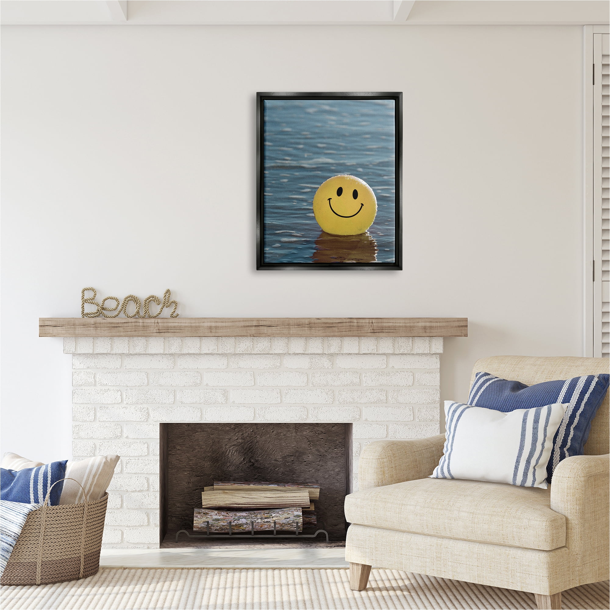 Stupell Industries Smiley Beach Ball Landscape Photography Black Floater Framed Canvas Art Print Wall Art, 25 x 31