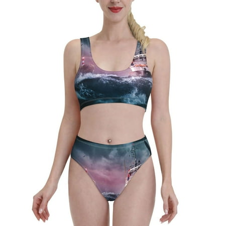 Bixox Boat Lighthouse Storm Waves Pattern Two-Piece Sports Bikini with U-Shaped Top and High-Waist Bottom - Women s Swimwear with Removable Bra Pads