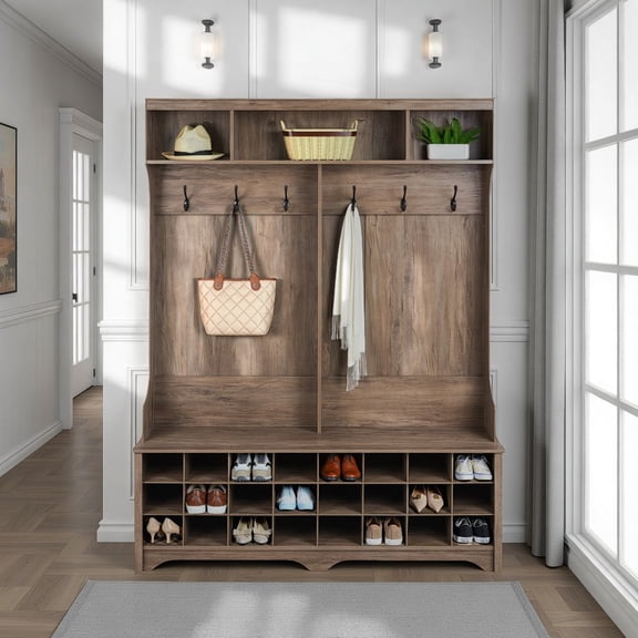 Prepac 60" Wide Hall Tree with 24 Shoe Cubbies, Drifted Gray