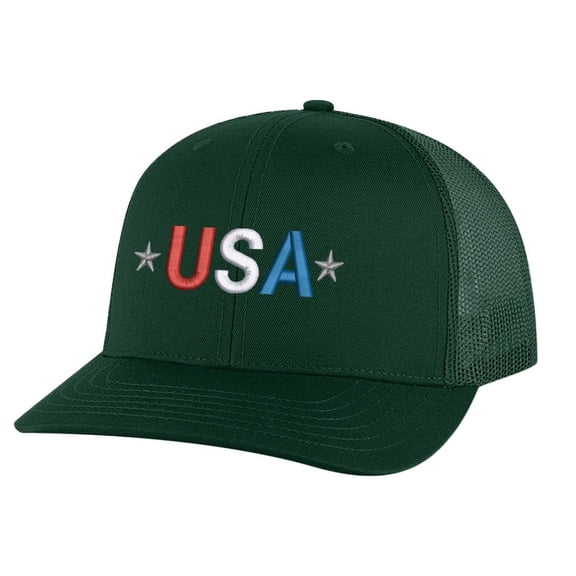USA Trucker Hat - Embroidered Red White Blue Design - Patriotic USA Trucker Cap Snapback (AlpineGreen)