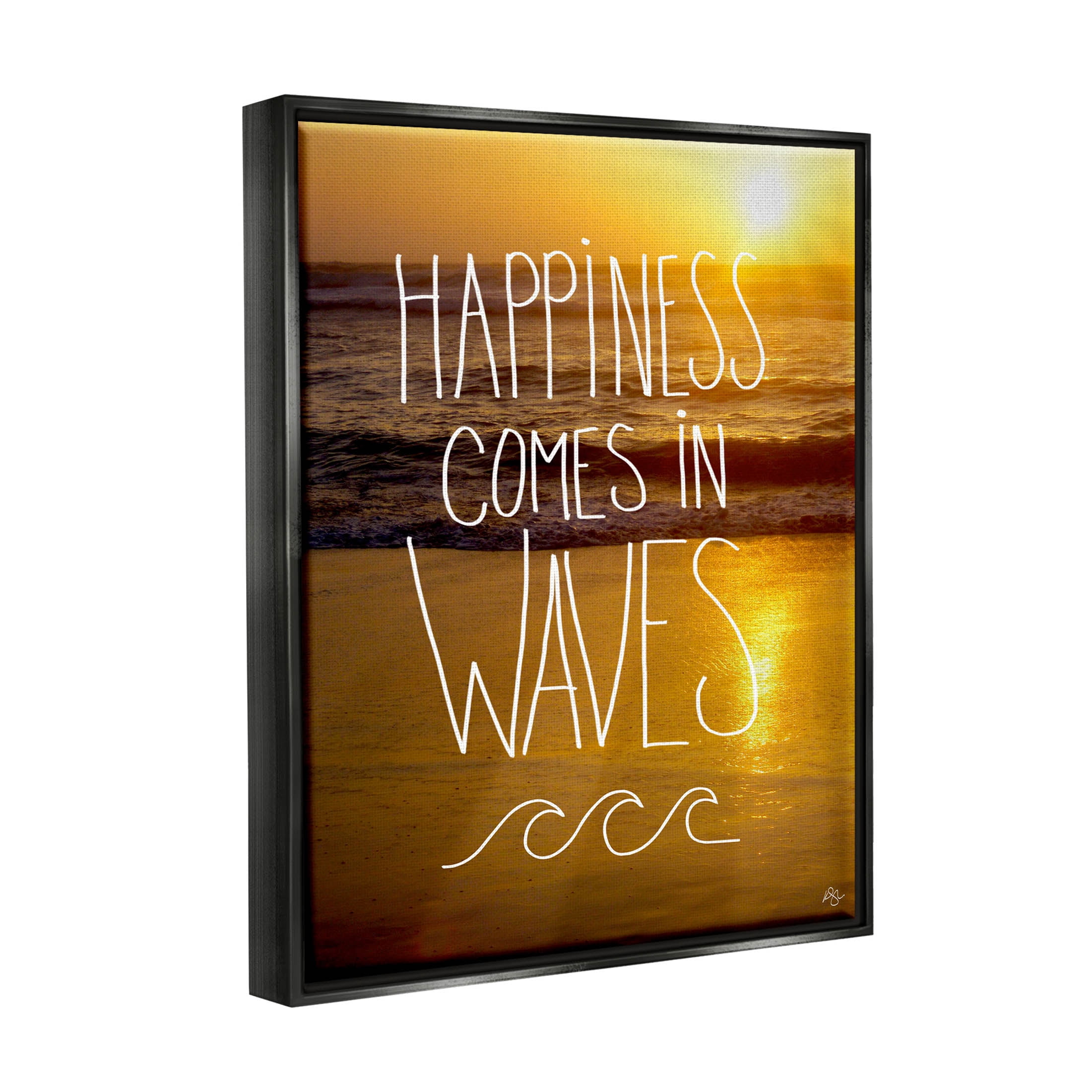 Stupell Industries Happiness Comes In Waves Phrase Graphic Art Jet Black Floating Framed Canvas Print Wall Art, Design by K. Kaufman