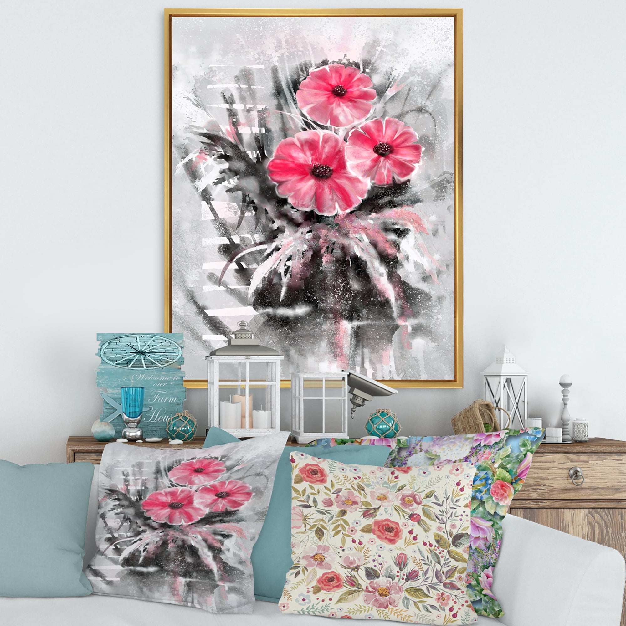 Designart 'Abstract Red Flowers On Gray Background' Traditional Framed Canvas Wall Art Print