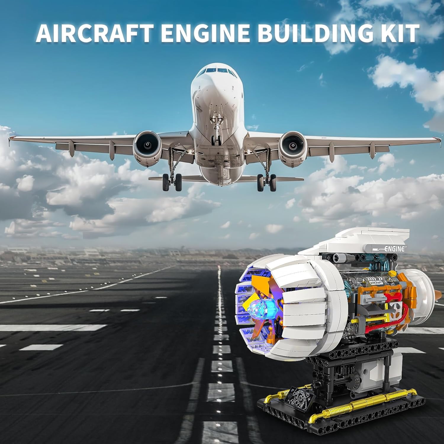 Aircraft Engine Building Kit for Adults, STEM Mini Engine Model Toy with Motor & Hand Rocker, Compatible with Airplane Set,