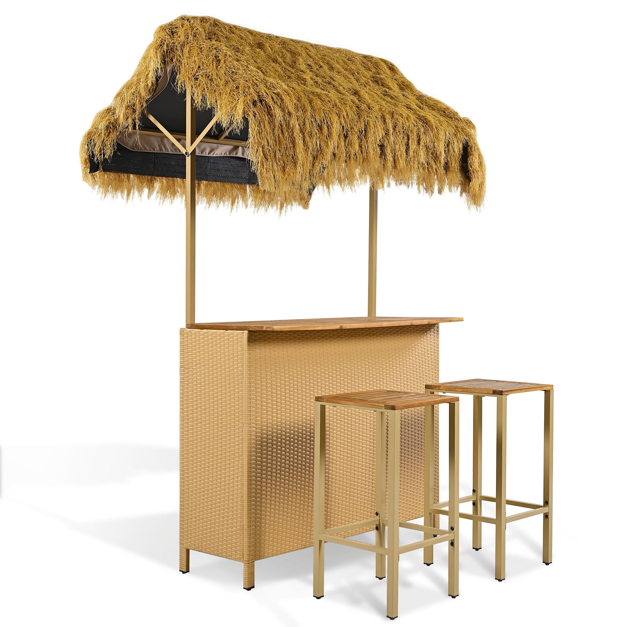 Bar Height Patio Set with PE Grass Canopy, Outdoor Bar Table and Stools with Adjustable Feet, Acacia Wood Top, for Dining and Drinking, Natural