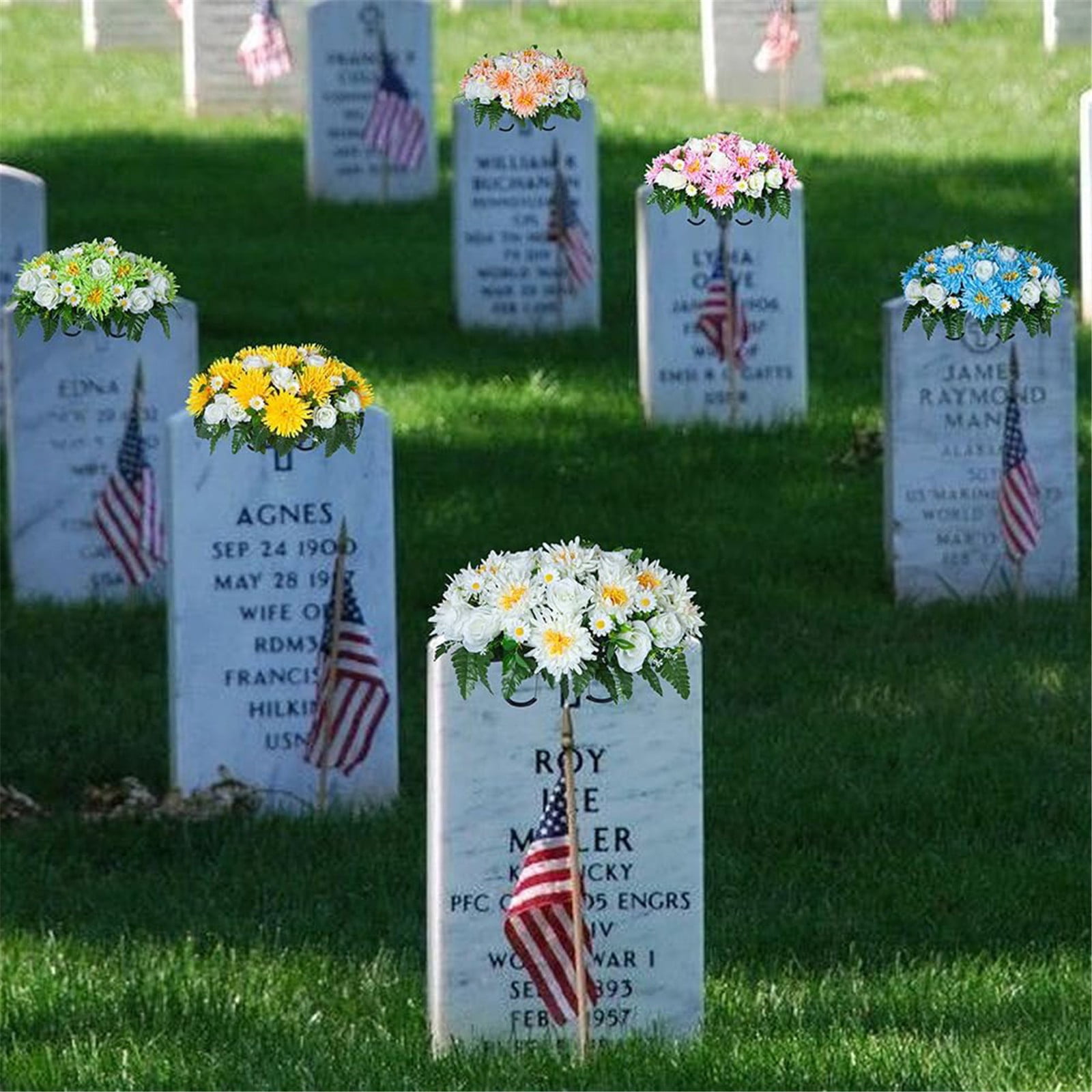 Artificial Cemetery Flower Saddles for Graves, Cemetery Memorial Flowers for Outdoor Tombstone Headstone Decorations, Lily Rose Gerbera Flowers Saddle, Green