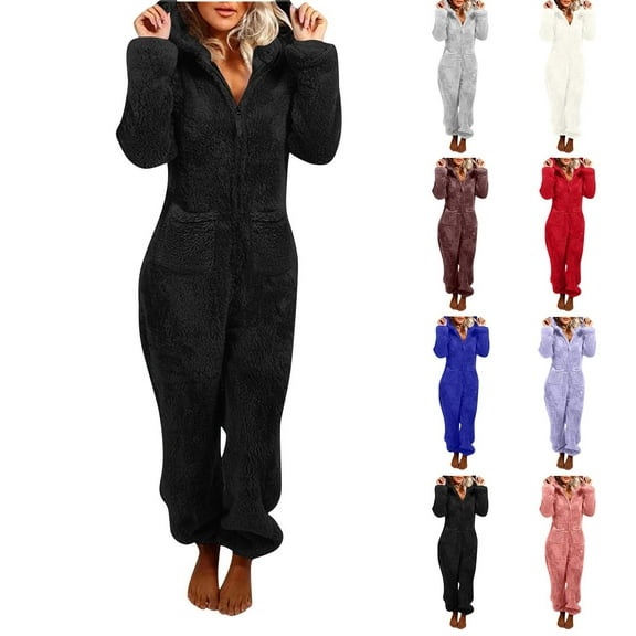 jtjvou Womens Fleece Onesies Pajamas Jumpsuit Warm Romper Sleepwear One Piece Zipper Hooded Playsuit Loungewear Beige L