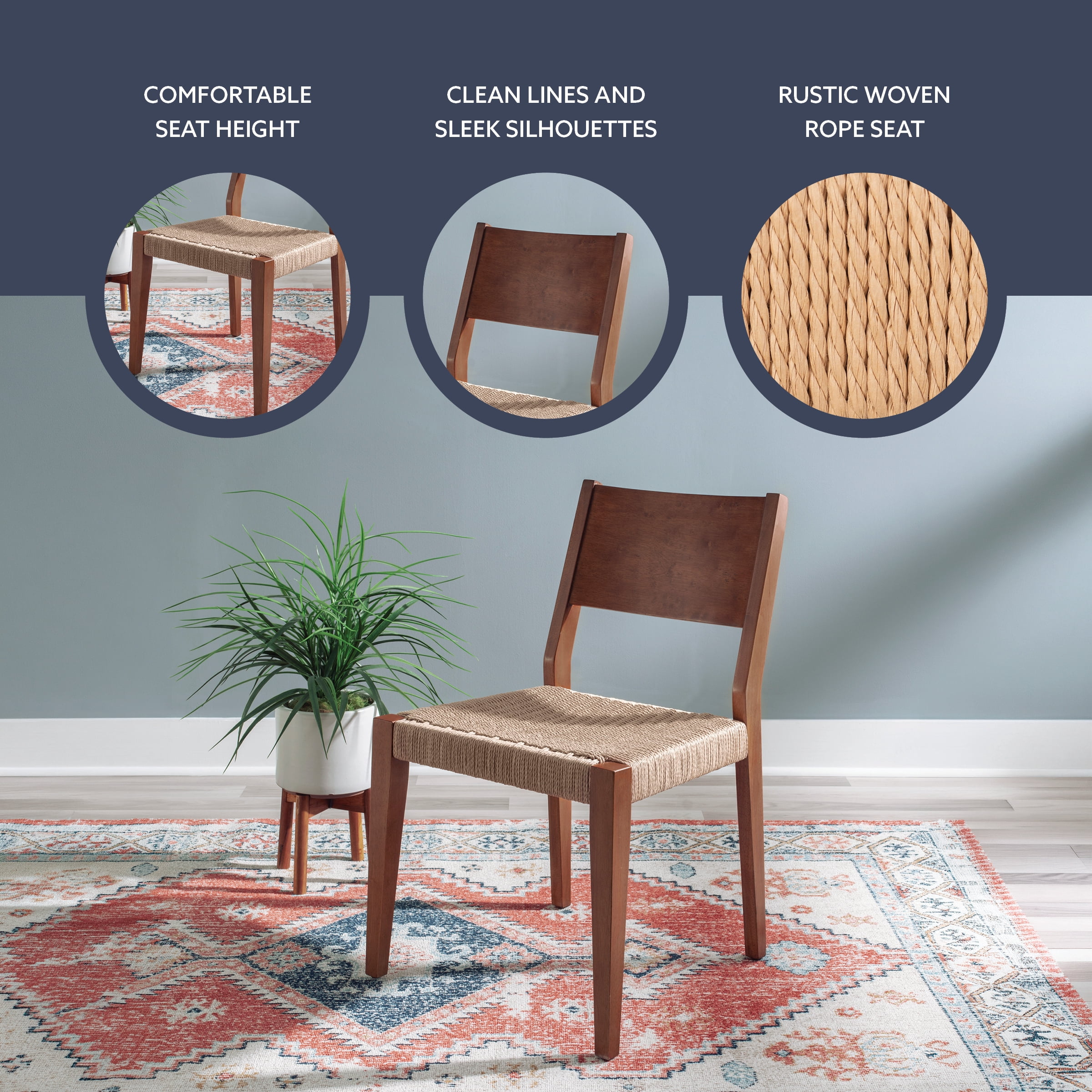 Holden Dining Chair, Set of 2, Brown with Handwoven Rope Seat