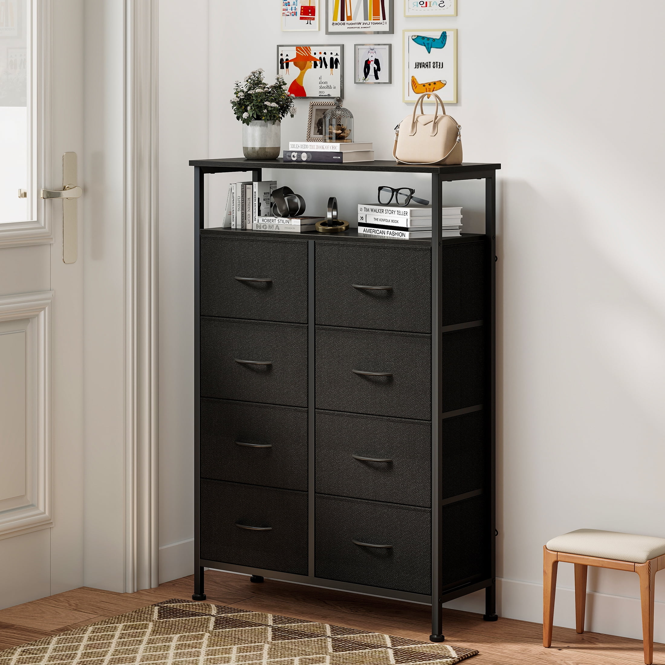 edx 8 Drawers Fabric Dresser, Clothes Storing, Storage Tower Organizer TV Stand, for Bedrooms, Wardrobes, Entryways, and Living Rooms, Black