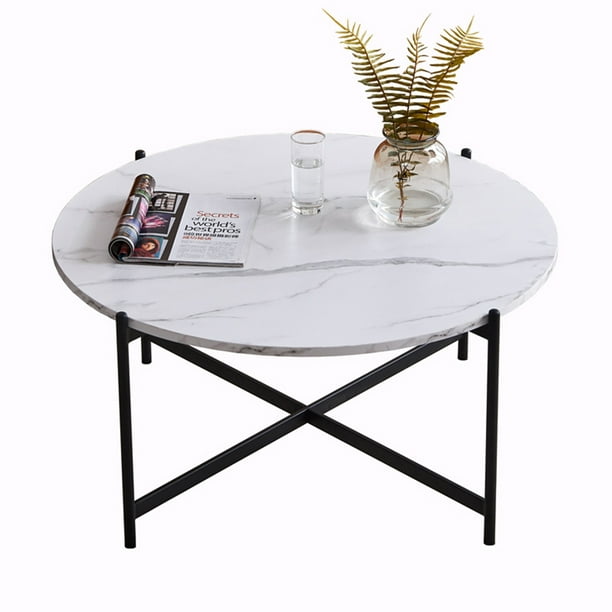 Uhomepro Faux Marble Round Coffee Table, Round Wood Top End Table With Metal Legs