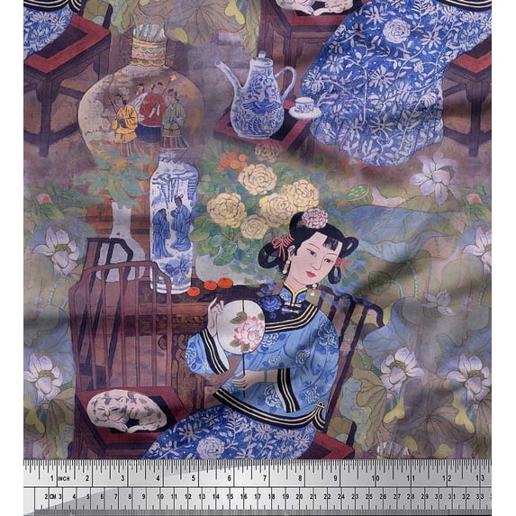 Soimoi Poly Georgette Fabric Flower Vase,Mirror & Girl Women Printed Craft Fabric by The Yard 52 Inch Wide