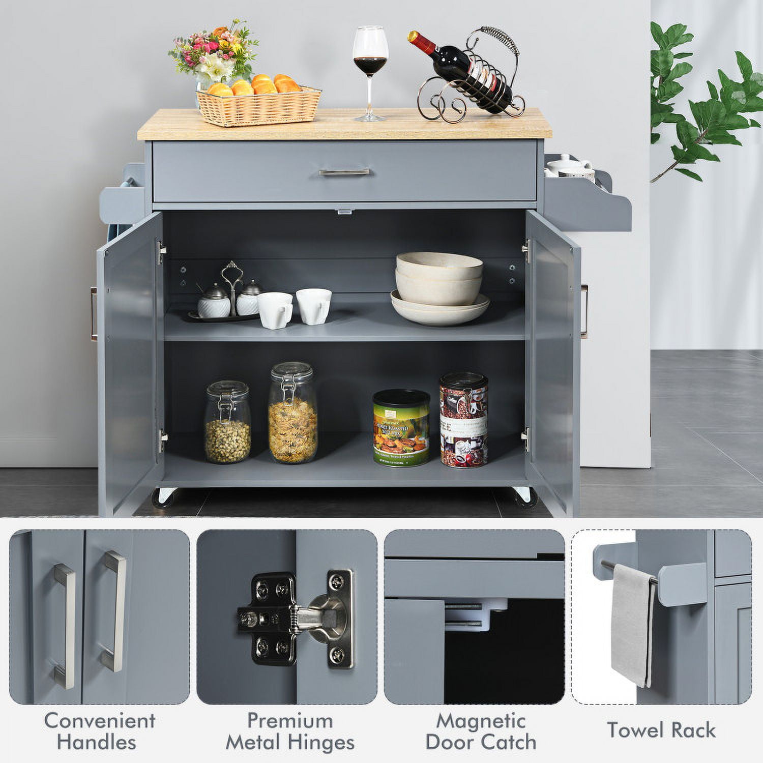 Finihen Rolling Storage Cabinet Cart, Kitchen Island Cart, Rolling Kitchen Island Cart with Towel and Spice Rack, for Kitchen, Dining Room, Gray Finihen Rolling Storage Cabinet Cart, Kitchen Island Cart, Rolling Kitchen Island Cart with Towel and Spice Rack, for Kitchen, Dining Room, Gray
