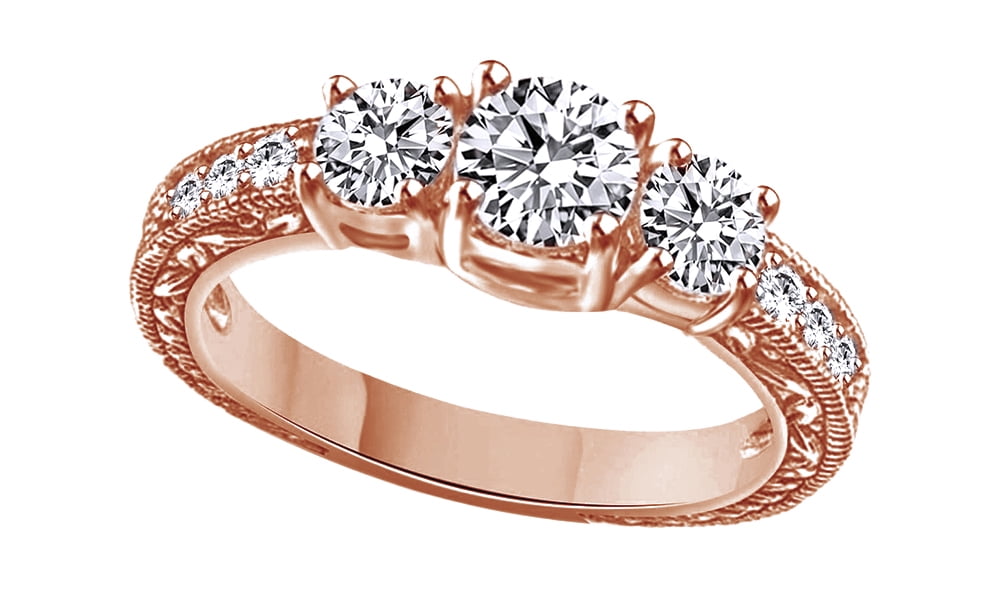 Round Cut White Cubic Zirconia Solitaire with Accent Ring in 14K Rose Gold Over Sterling Silver