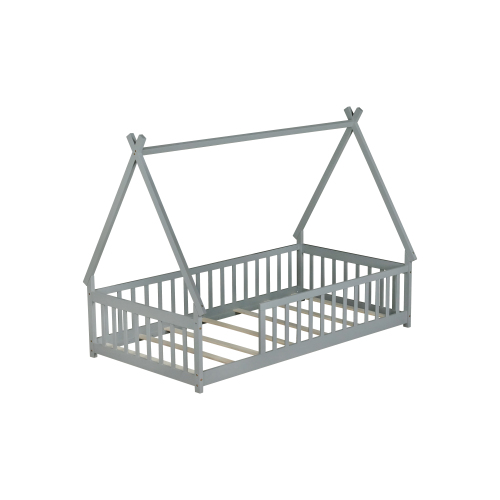 Bellemave Twin Size Floor Bed, Teepee Tent Bed Beds, Twin Montessori Floor Bed with Guardrails, Wood House Bed with Slats, Grey