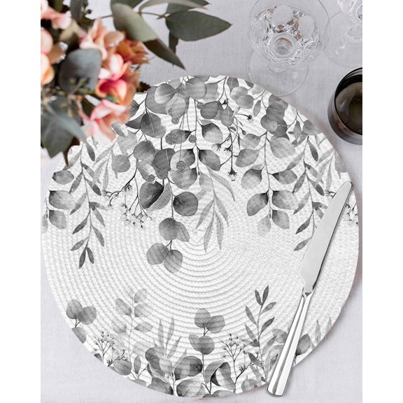 15 Inch Round Placemats Set of 6, Grey Eucalyptus Leaves Non Slip Heat Insulation PP Table Mats, Spring Summer Botanical Washable Place Mats for Kitchen Dining Party Table Decor