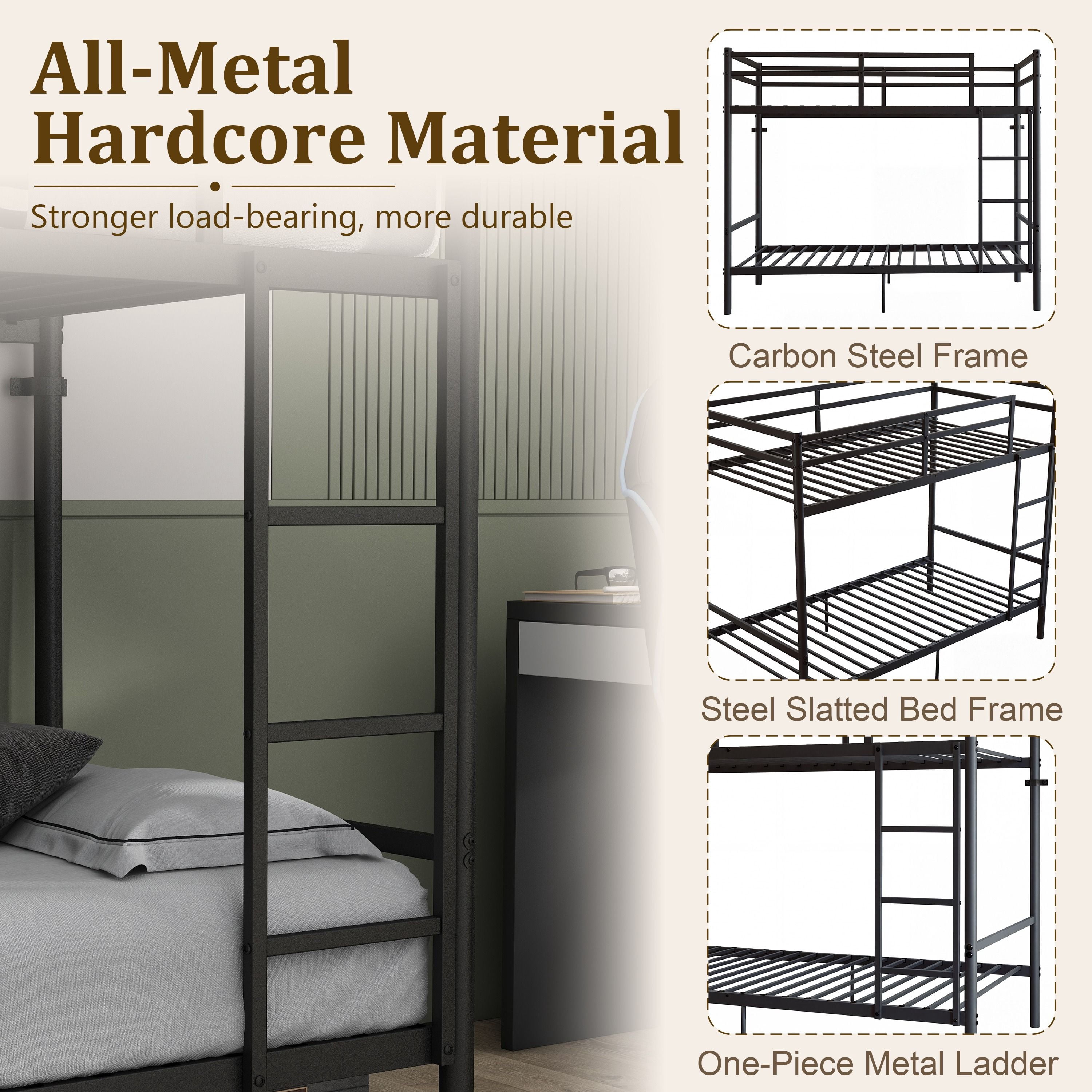 Alvantor Twin over Twin Metal Bunk Bed with 14.29" Guardrails, Ladder, Black