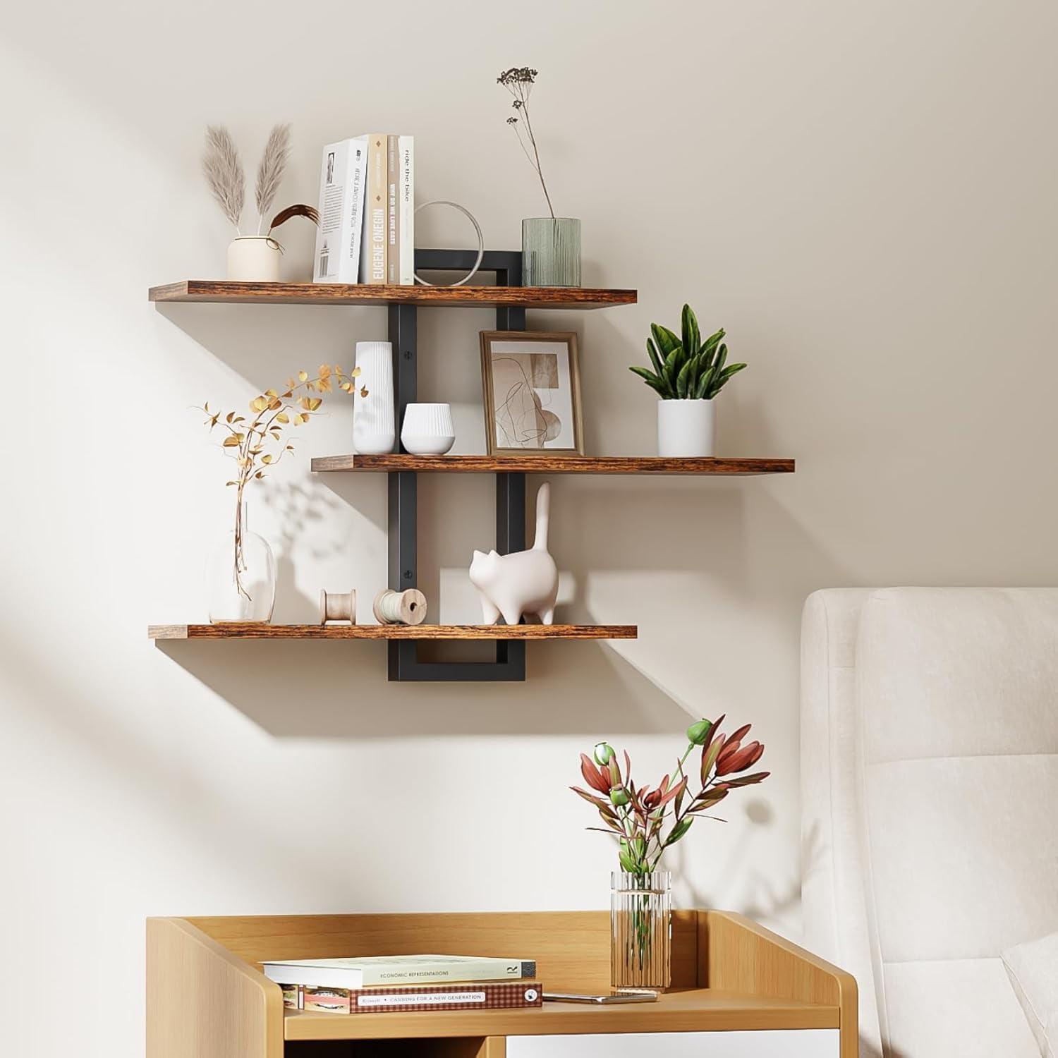 Floating Shelves for Wall, Wood Wall Shelves for Bathroom, 3 Tier Shelves for Wall Decor, Decorative Hanging Storage Shelf for Bedroom Kitchen Living Room, Rustic Brown and Black