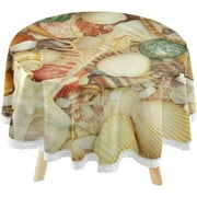 SKYSONIC Seashells Corals Starfish Round Tablecloth 60inch Indoor Wrinkle Free, Summer Seahorse Coastal Circular Lace Table Cover Washable for Kitchen Party BBQ Dining Decor