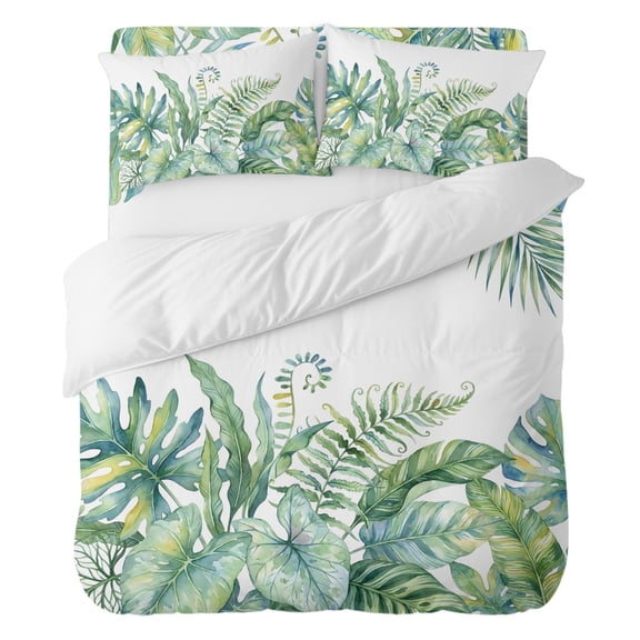Summer Tropical Plants Twin Duvet Cover Set 4pcs Green Watercolor Palm Leaves Fern Soft Cozy All Season Bed Sheet Set, 1 Duvet Cover 1 Sheet and 2 Pillowcases (No Comforter)