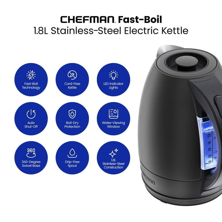 Chefman Electric Kettle, 1.7 Liter, Auto Shutoff, LED Lights, Black Stainless Steel
