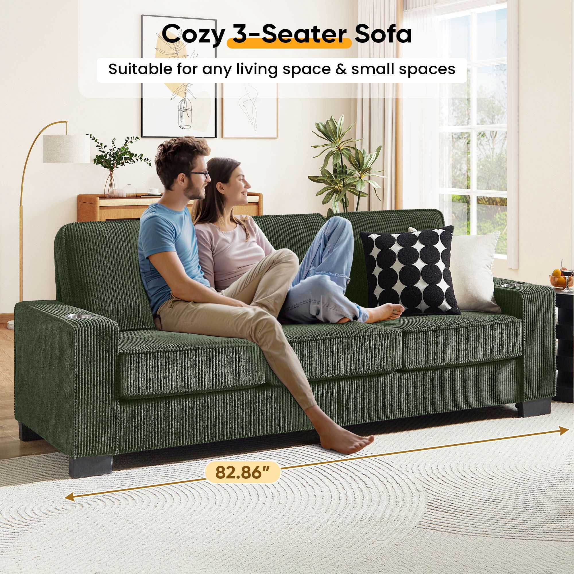 Lunale 83" Corduroy Sofa with Cup Holders, Modern 3-Seater Couch for Living Room, Apt., Green