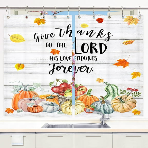 Fall Kitchen Curtains, Autumn Thanksgiving Pumpkins with Falling Maple Leaves Autumn Kitchen Curtains, Fall Thanksgiving Kitchen Curtains Window Drape Treatment Fabric 2 Panels 27.5 x 39 Inch
