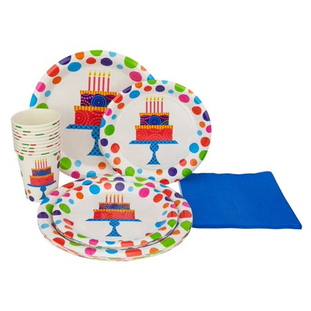 Plates For Cakes Perfect Settings Disposable Tableware – Happy Birthday Candle Cake – Dinner Set Bundles of 10 Includes Happy Birthday 9” Plates - 7” Cake Plates – 9oz Cups & Solid Color Napkins ()