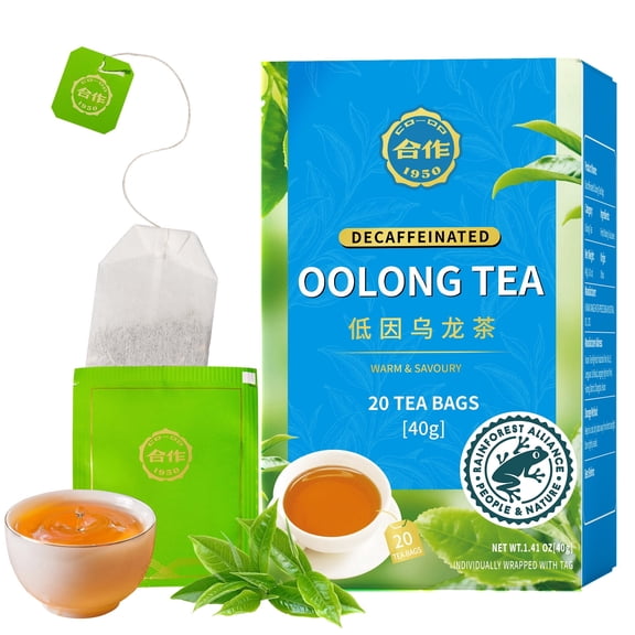 HEZUO Decaffeinated Oolong Tea Bags, Mild Flavor, Individually Wrapped, Biodegradable Tea Bags, 20 Count, for Hot or Iced Tea