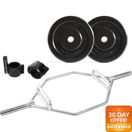 CAP Barbell 140 lb Bumper Plate Set with Zinc Plate Hex Bar and Muscle Clamp