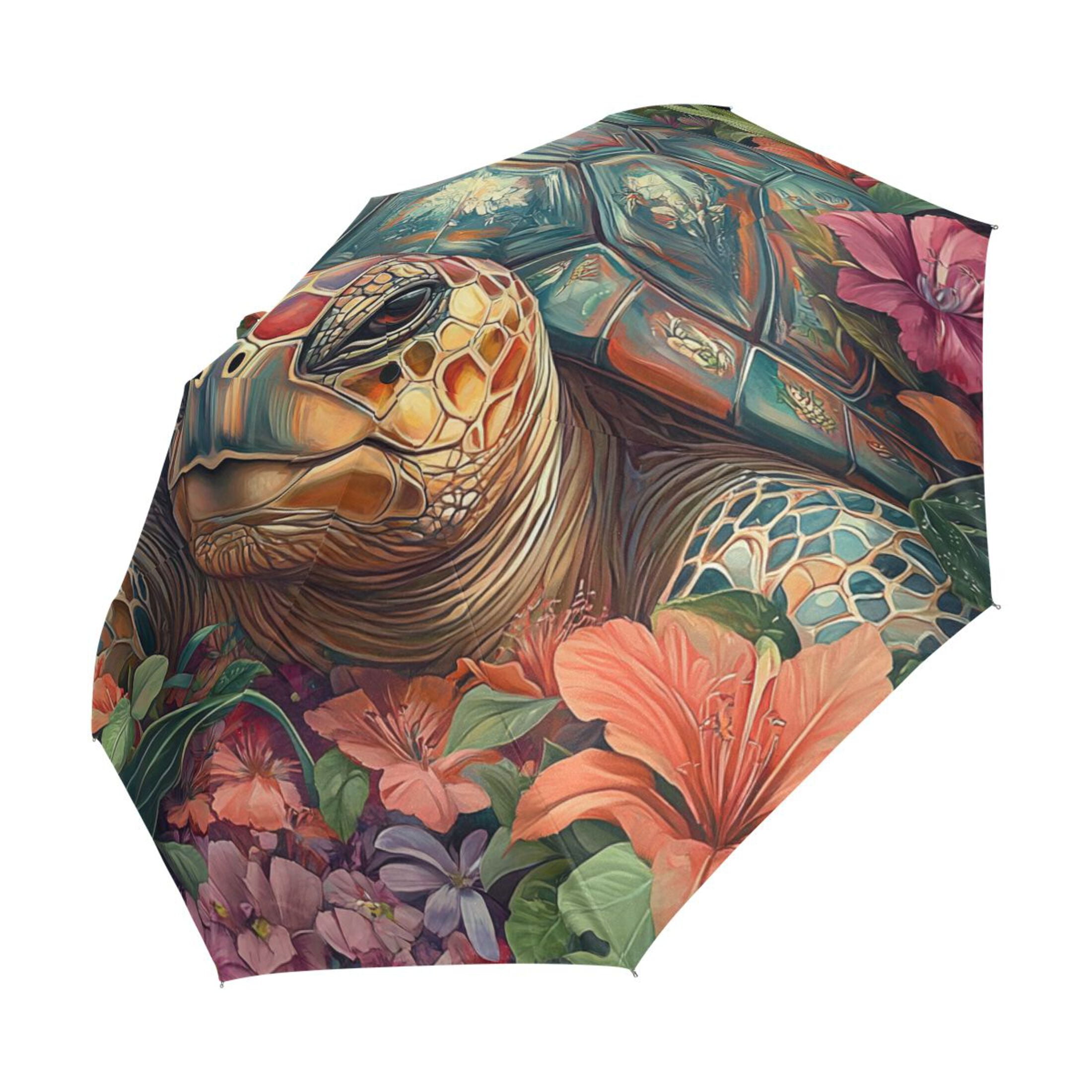 YAZAOO One-Touch Auto Open Close Rain Umbrella With Creative Turtle in A Tropical Paradise Pattern