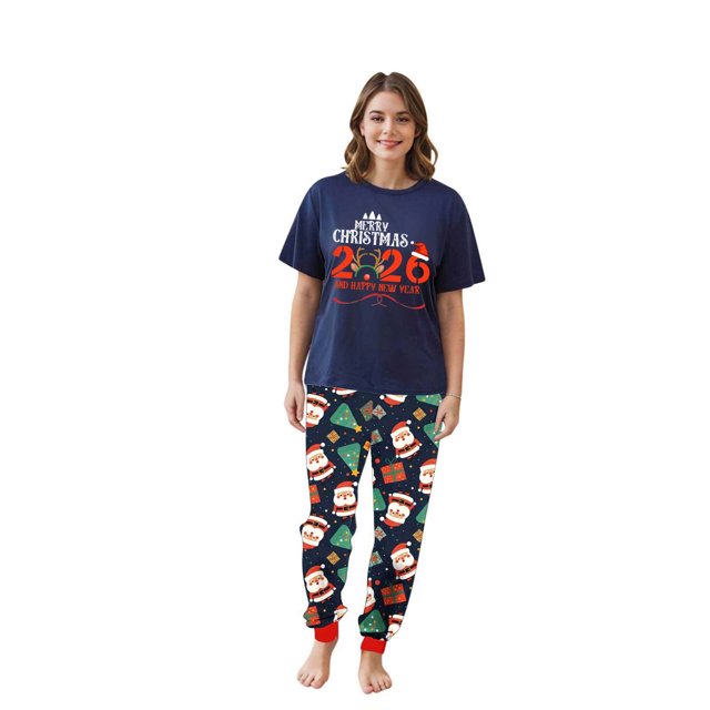Ensemble de Pyjama Assorti pour la Famille Imprimé Décontracté avec Haut à Manches Courtes et Pantalon à Porter, Ensemble de Pyjamas Assortis pour la Famille