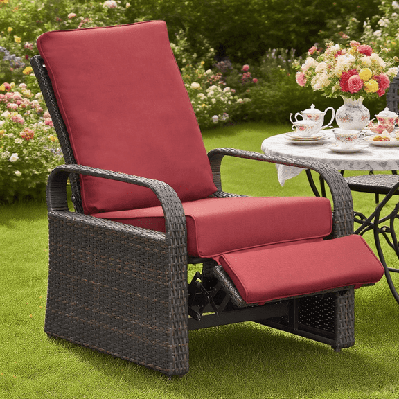 UMI Patio Outdoor Rattan Lounge Chair, All-Weather PE Wicker Chaise with Adjustable Backrest and Cushions, Single Chair for Garden and Patio