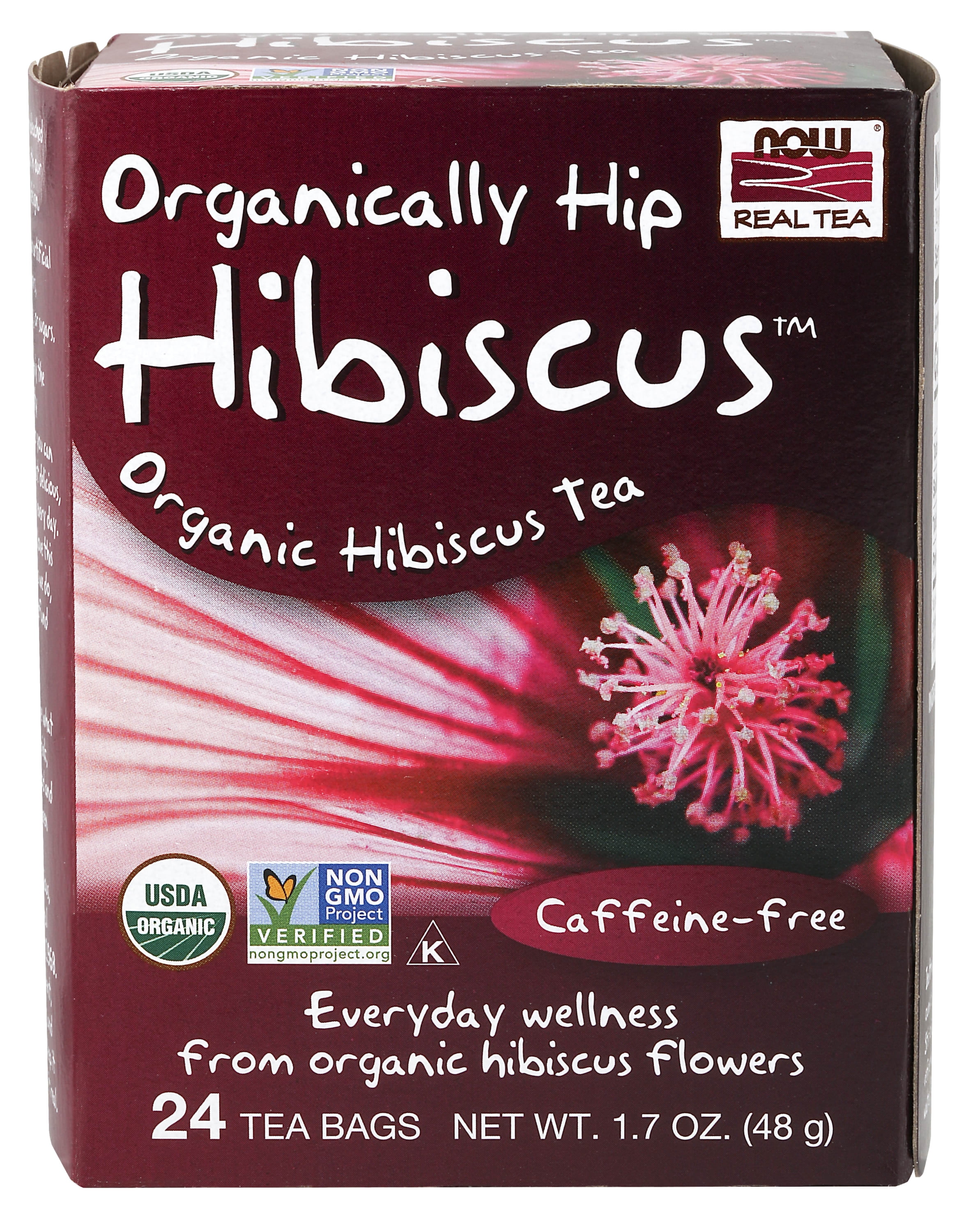 NOW Foods, Organically Hip Hibiscus™ Tea, Caffeine-Free, Non-GMO, No Added Colors, Preservatives or Sugars, Premium Unbleached Tea Bags with our No-Staples Design, 24-Count