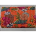 thumbnail image 3 of Indian Reversible Kantha Quilt for Living Dorm Room Bed Cover Handmade Stitched Pure Cotton Orange Fruit Print Bedspread Kantha Quilt 90X108 inch., 3 of 3