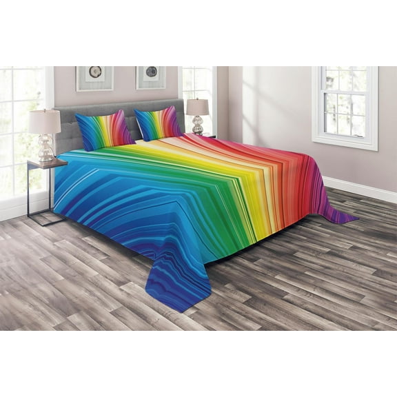 Ambesonne Modern Quilted Coverlet 3 Pcs, Psychedelic Stripes, Queen Size, Magenta Blue