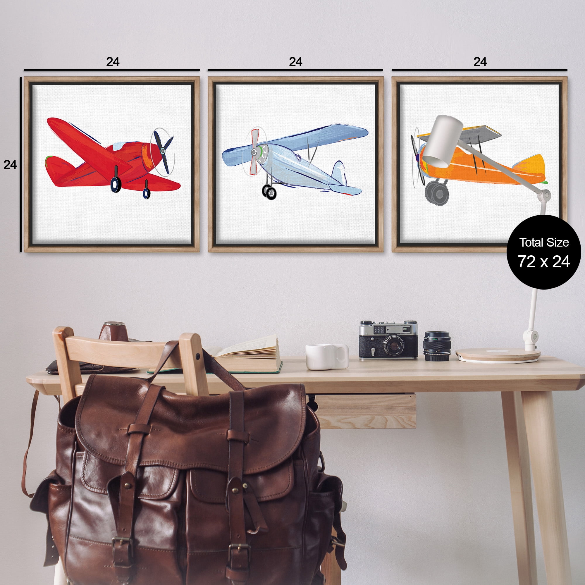 Stupell Industries Triple Colorful Airplanes Drawing Art for Kids Painting Brown Floater Framed Canvas Art Print Wall Art, 25 x 25, Set of 3