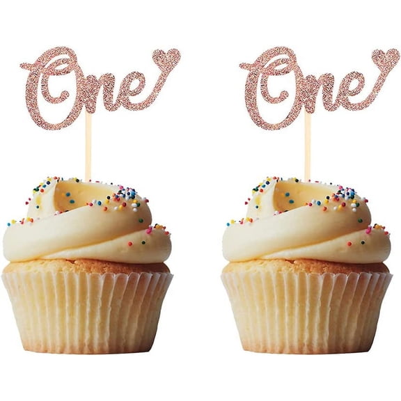 12pcs Rose Gold One/1st Cupcake Toppers for Baby Shower Kids First Birthday Anniversary Party Decorations
