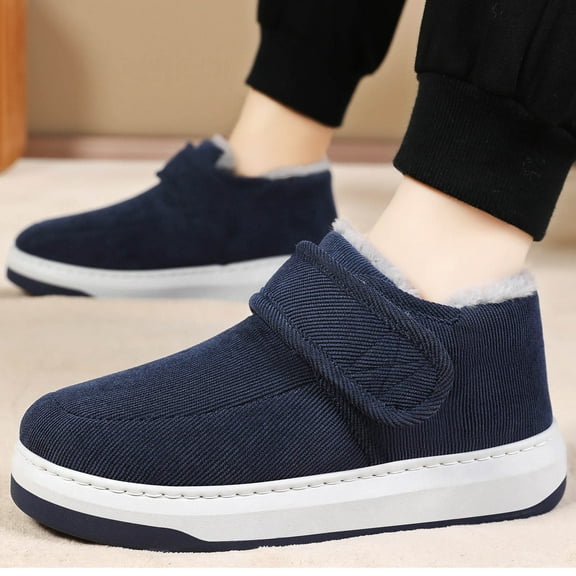 Trushoes Mens Dark Blue Fleece Lined Sneakers - Velcro Slip-On, Comfort Cushioned Sole, Slip-Resistant Winter Shoes,Size 42