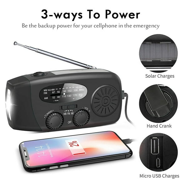Solar cells waterproof crank radio with Powerbank, black black