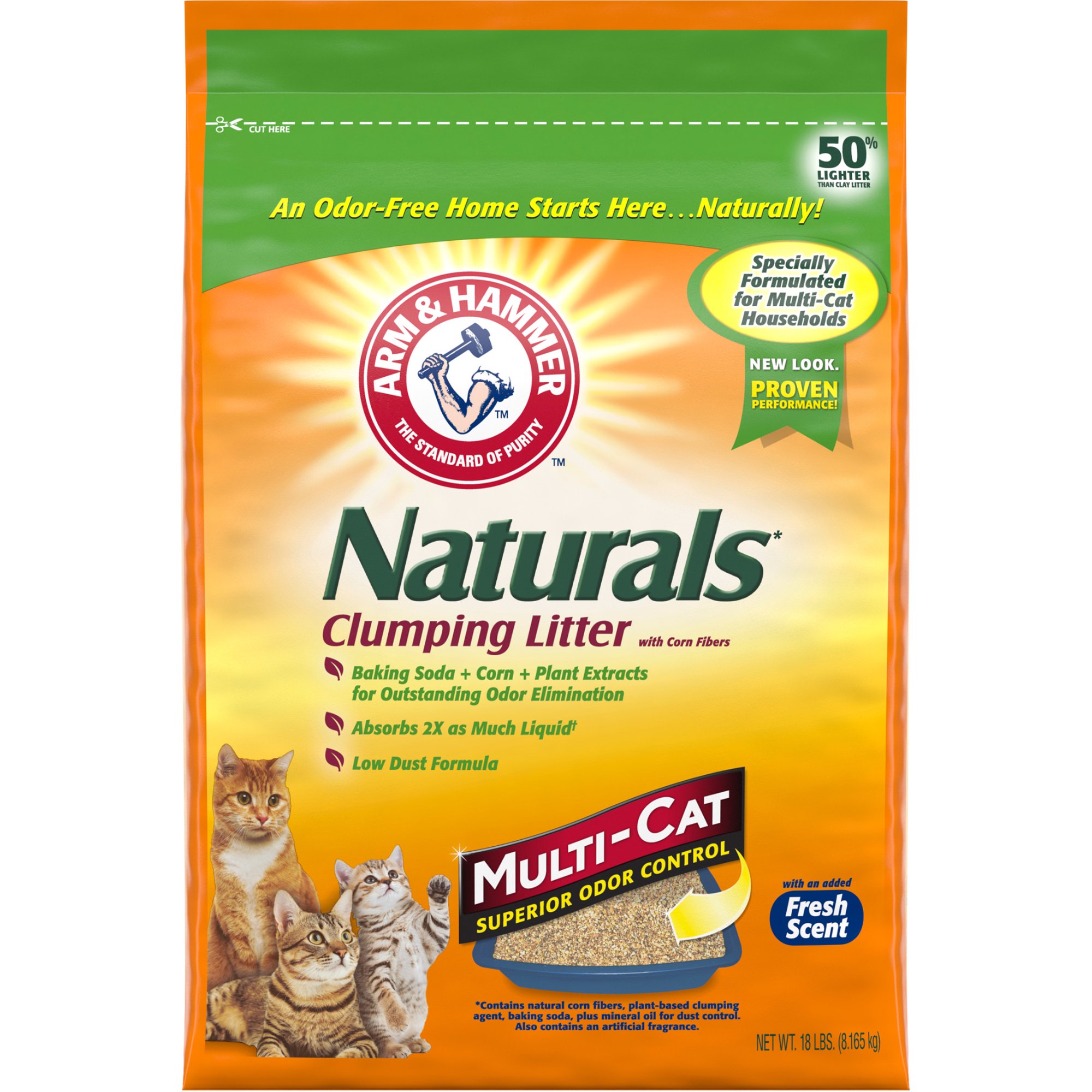 ARM & HAMMER Naturals Cat Litter, Multi Cat, 18lb Bag, Clumping Kitty Litter with Natural Corn Fibers and Advanced Odor Neutralizers
